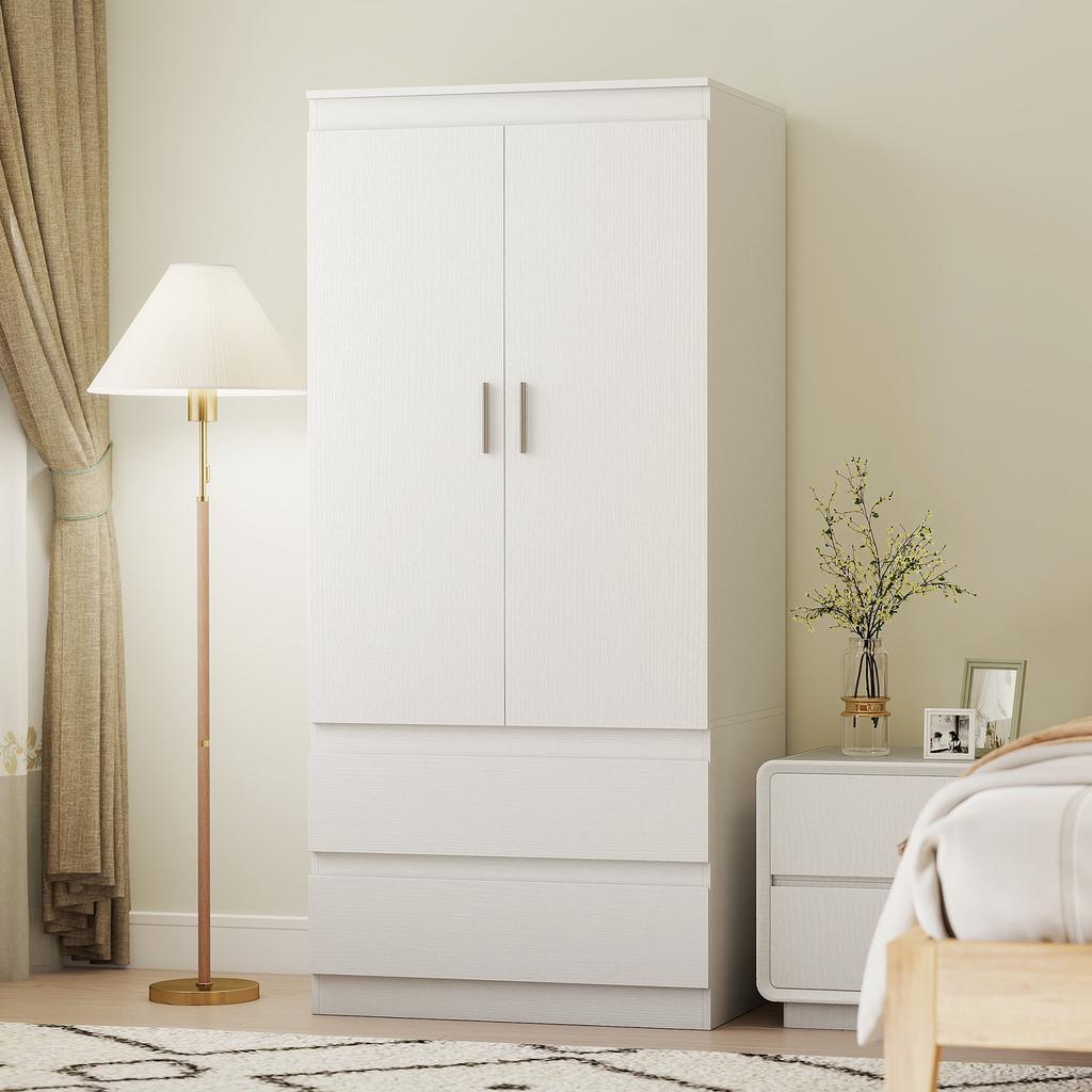 Bedroom Wardrobe with 2 Doors, 2 Drawers, 3 Compartments, Wood, White