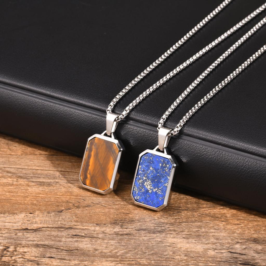 Vnox Simple Geometric Pendant Necklaces For Men Women, Stainless Steel Rectangle Pendant, Natural Stone Collar With Box Chain