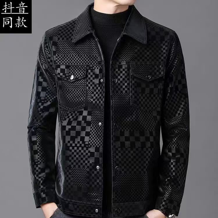 Men's trendy men's jacket spring and autumn lapel fashion leather jacket men's casual jacket plaid trendy top Korea