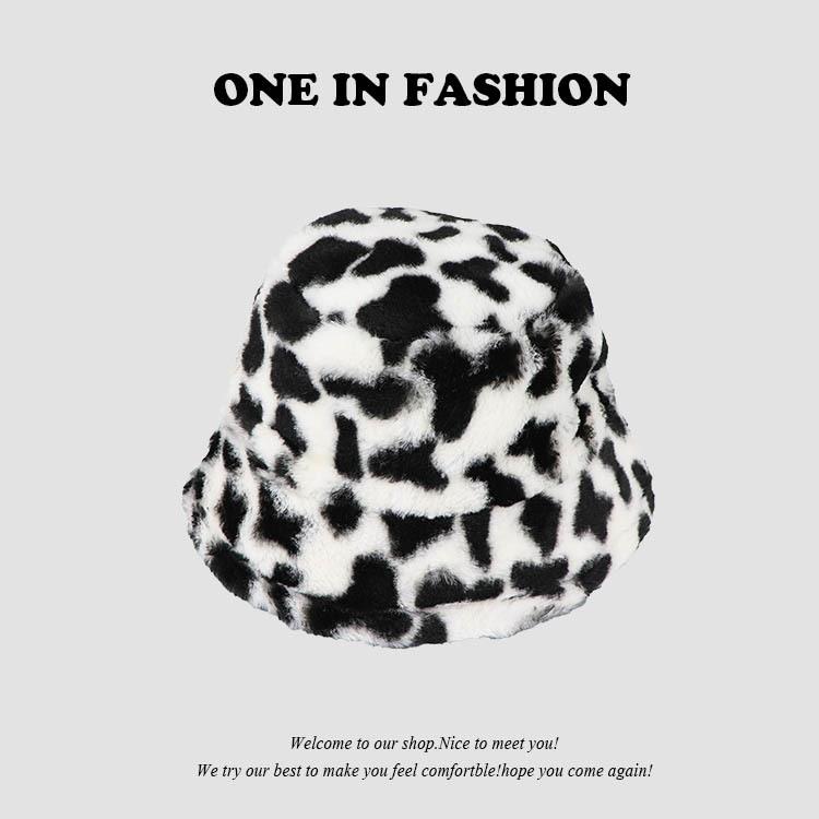 Fashionable Women's Vintage Korean Style Bucket Hat Zebra Leopard Print Plush Thickened Warm Versatile for Autumn Winter
