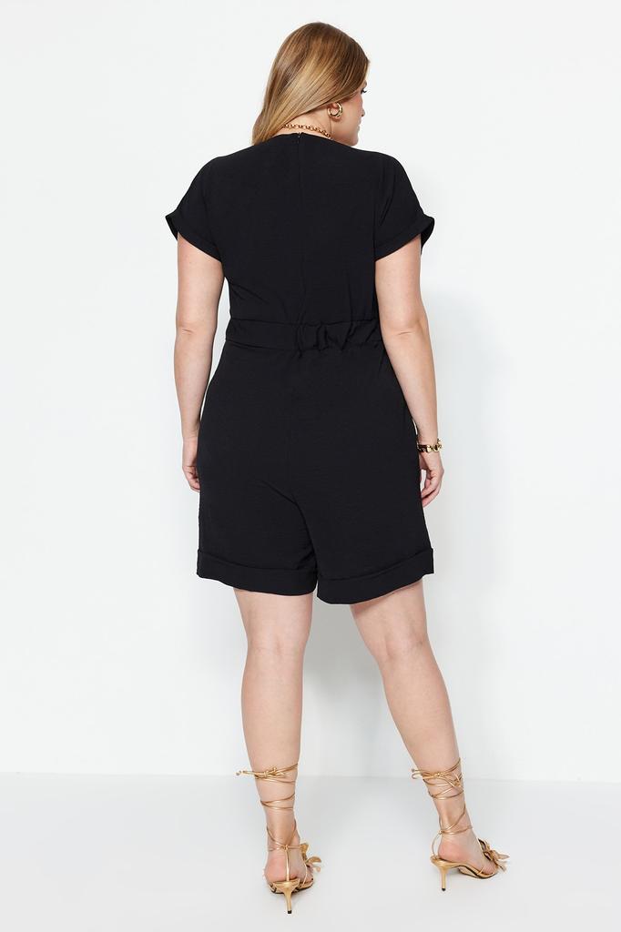 Women's Fashion New Big Size Jumpsuit Black Woven V-Neck Jumpsuit