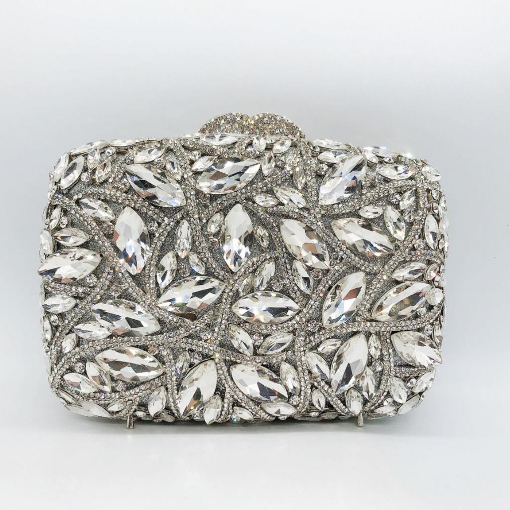 WHTUOHENG Bolso de Noche Plateado con Piedra Grande para Mujer Bolso de Mano Nupcial con Diamantes Cartera de Mano con Pedrería para Cena de Boda
