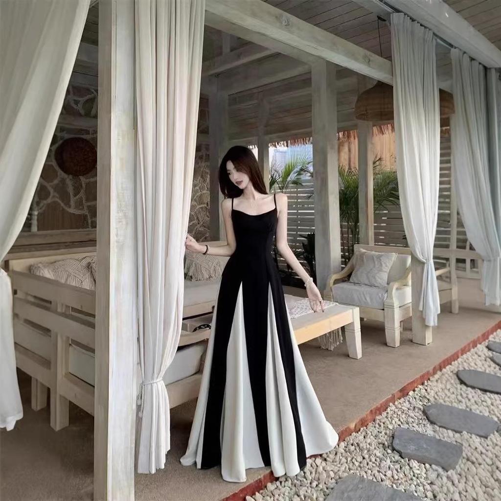 Women's Summer French Patchwork Color Block Spaghetti Strap Waist-Cinching A-Line Floor-Length Dress