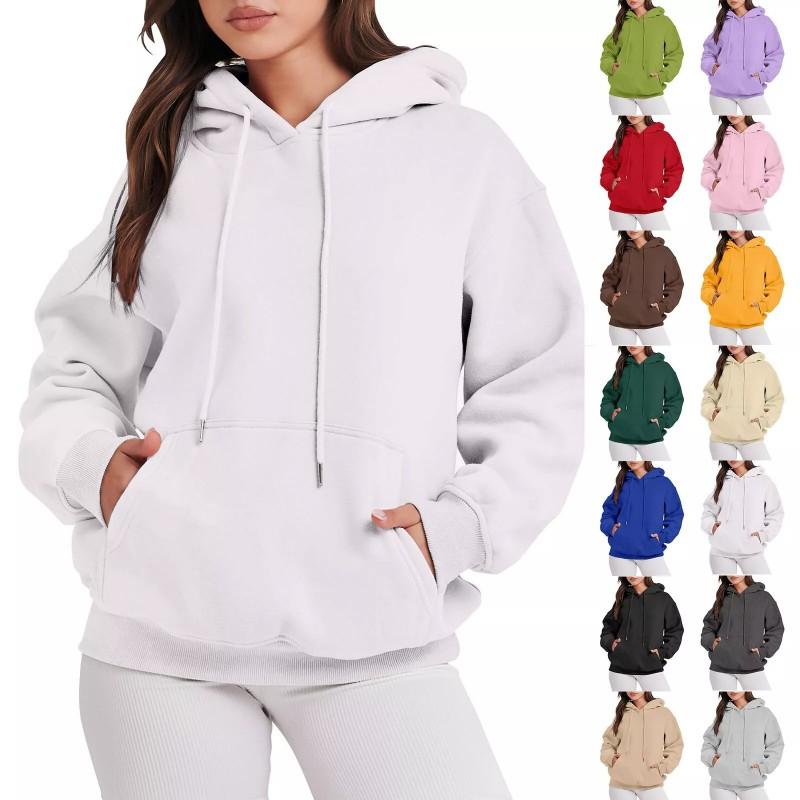 Womens Solid Color Hooded Sweatshirt Casual Loose Fit Long Sleeve Top