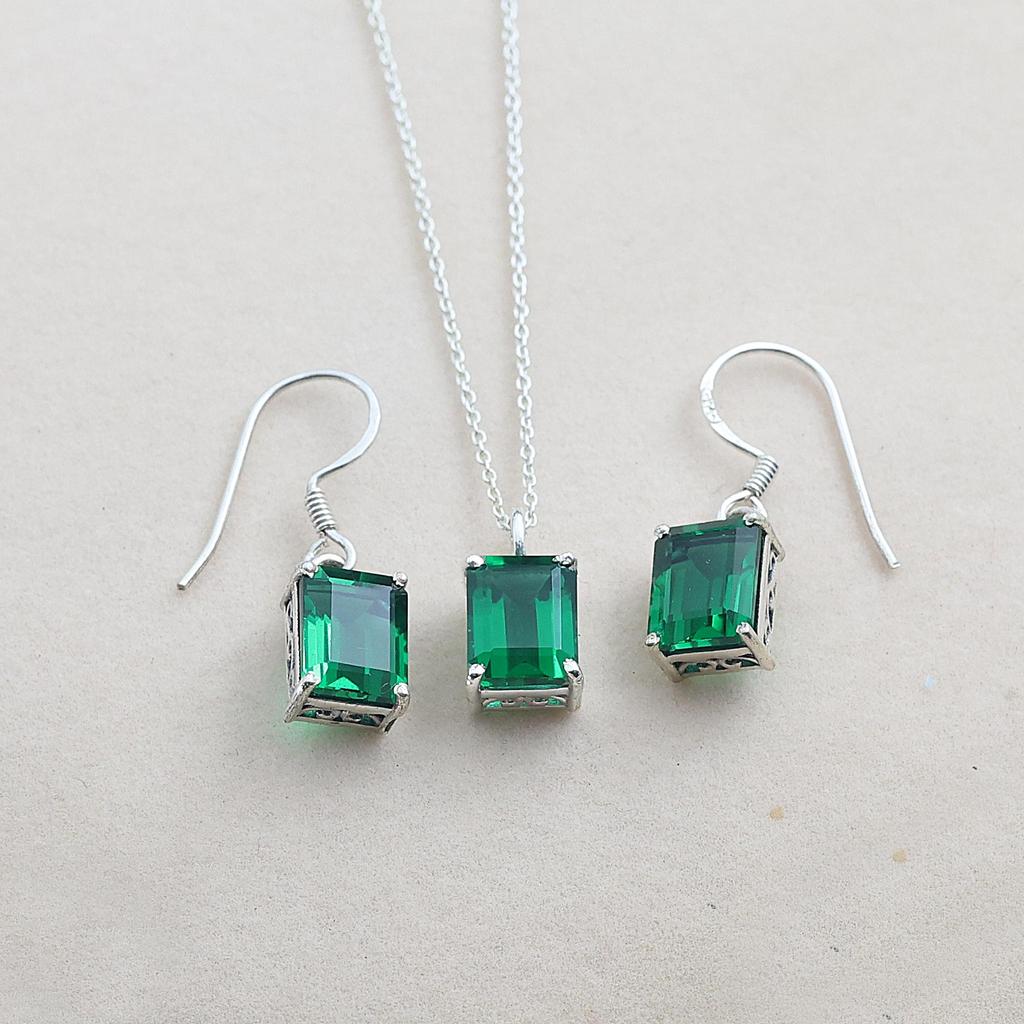 Green Zircon Jewelry Set, Silver Jewelry, Women Necklace Earring, Gift For Her