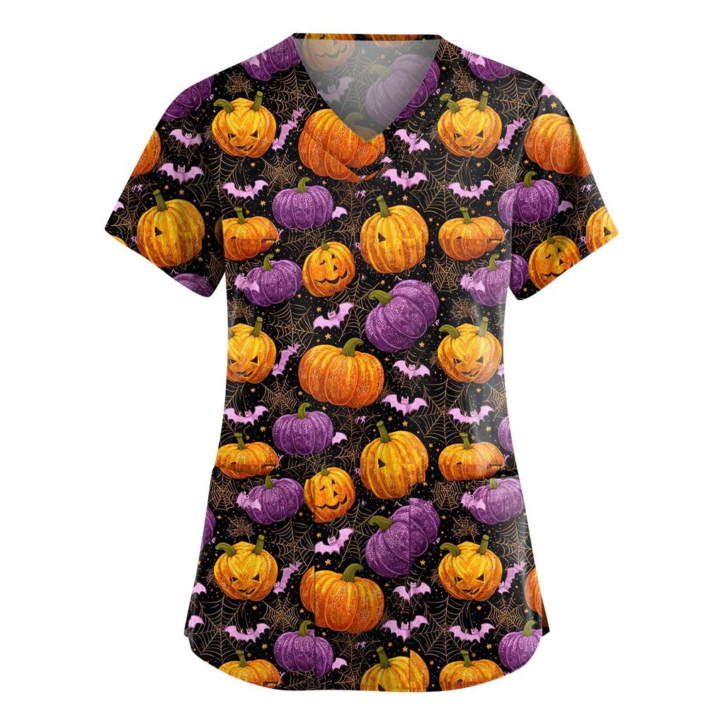 Women's Fashion V-Neck Short Sleeve Overalls With Pockets Halloween Printed Tops  Apparel