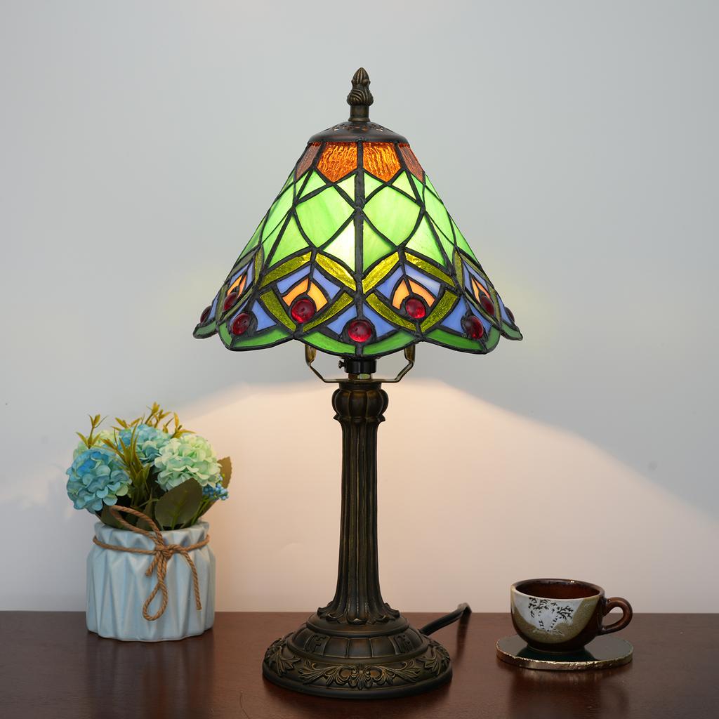 Table Lamp Green Peacock Tail Stained Glass Lamp Vintage Desk Light for Bedside Living Room Office Dormitory Dining Room