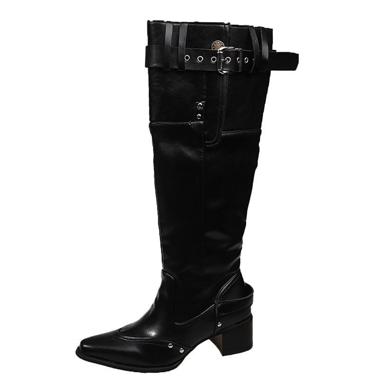 But Knee Boots Women's 2025 Autumn and Winter Khaki Suede Pointed Boots Children Thick Heel Thin Pleated Piled Boots