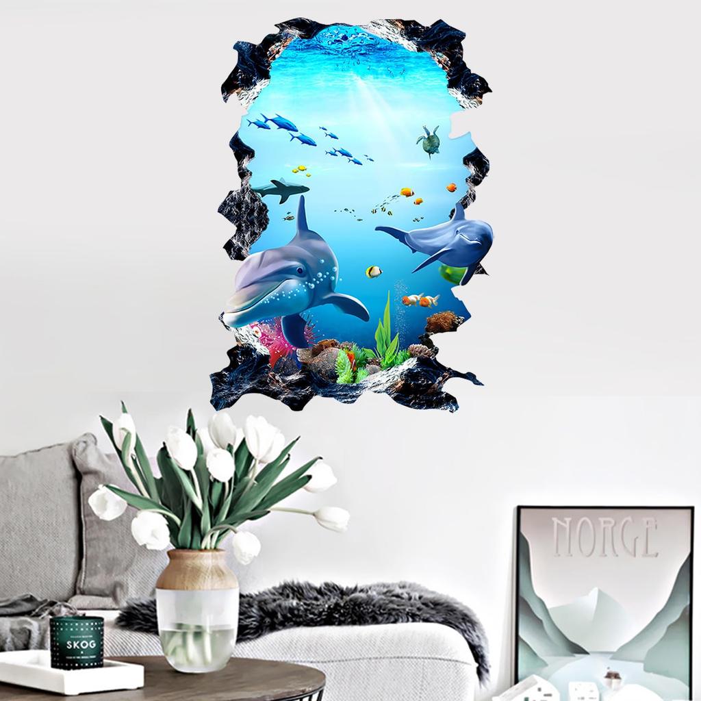 Fake Window Dolphin Wall Sticker Sea Underwater Wall Fake Window Wall Chic Room Stylish - Animals, Fish, Whale, Ground, 3D, World, Wallpaper, Decal,