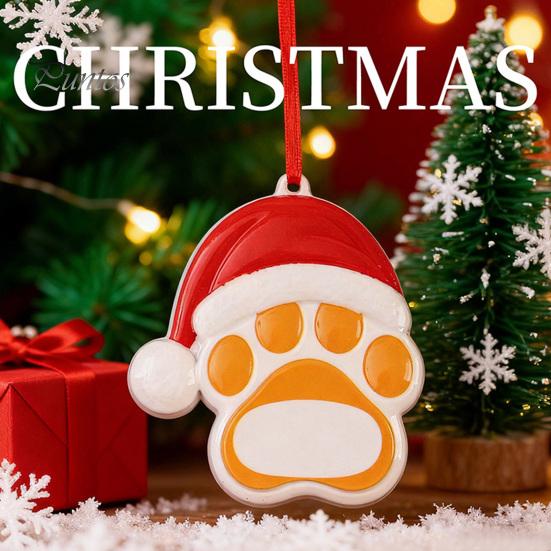 Christmas Tree Ornament for Pets Resin Ornament, Cute Cat Paw/Bone Shaped Xmas Hanging Decoration Memorial Pendant with Santa Hat Tree, Car