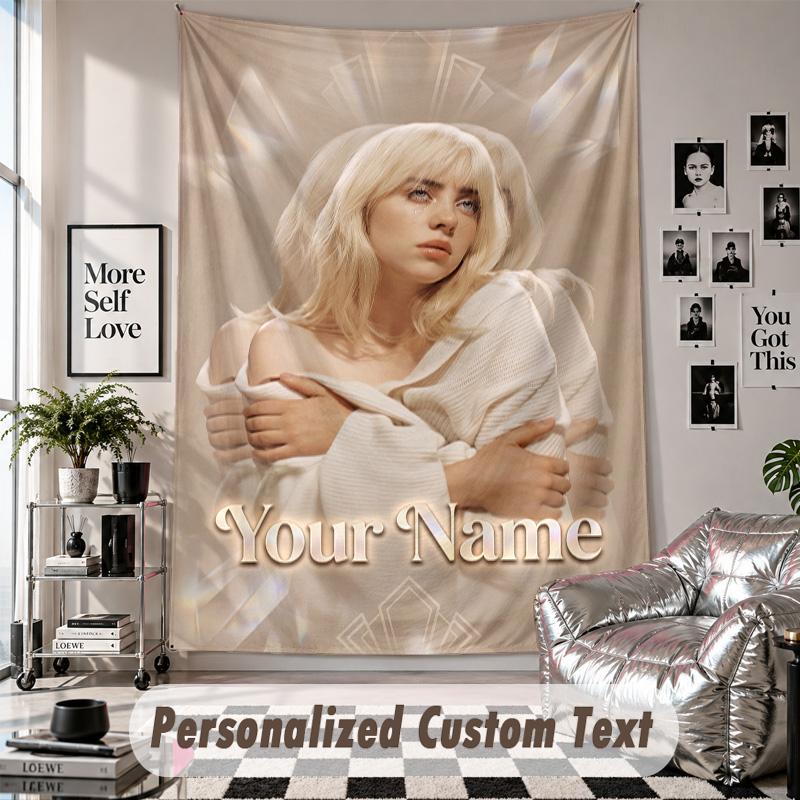 Wall Hanging Tapestry With Custom Name & Text, Billie Eilish Decorative Tapestry For Bedroom