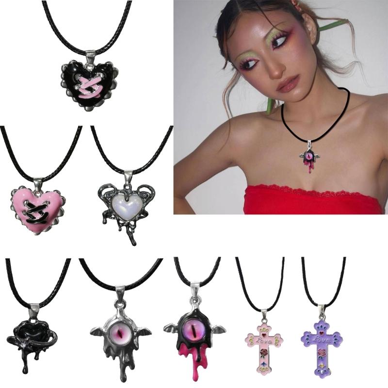 Gothic Liquid Heart Pendant Necklace Devil Eye Cross Choker Punk Devil Eye Clavicle Chain for Women Jewelry Accessories