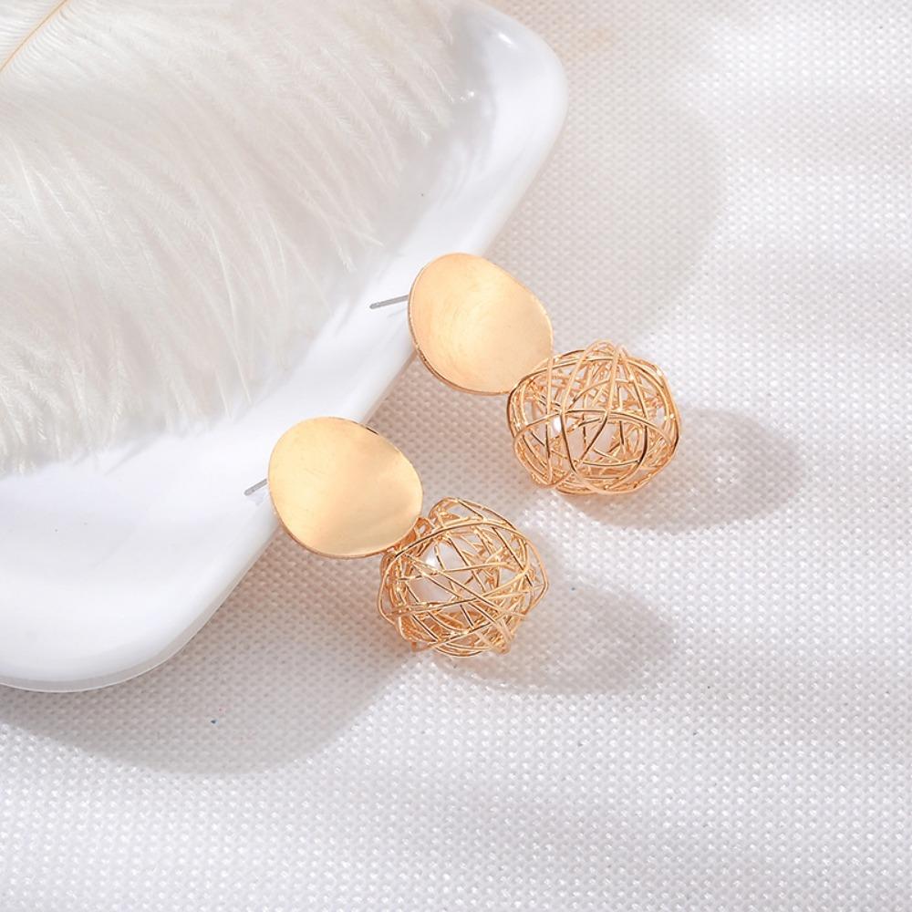 SUMENG New Korean Simple Retro Geometric Earrings for Woven Ball Imitation Pearl Smooth Round Earrings Metal Jewelry Accessories