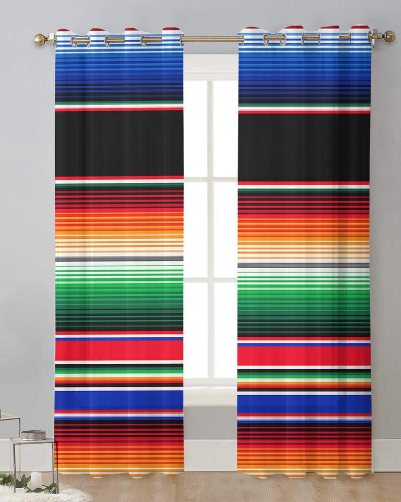 Colorful Mexican Stripes Sheer Curtains for Living Room Decoration Window Curtains for Kitchen Tulle Voile Organza Curtains