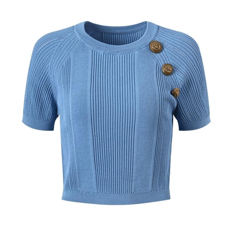 2025 Spring/Summer Socialite Knit Set: Round Neck Top & Metal Buckle Midi Skirt