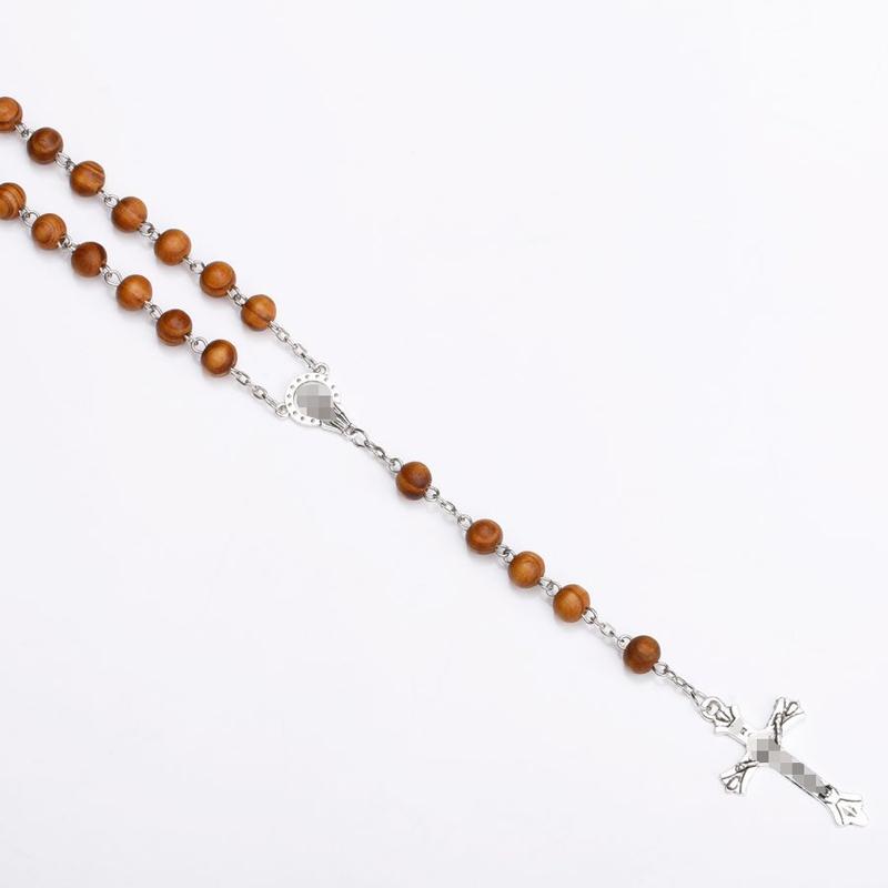 8MM Wood Rosary Beads Necklace For Women Men Catholic Jesus Christ Cross Crucifix Pendant Long Chain Religious Zircon