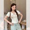 Apricot letter bow printed lace-up short-sleeved T-shirt women's summer new design niche top