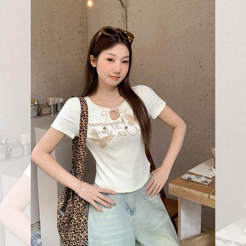 Apricot letter bow printed lace-up short-sleeved T-shirt women's summer new design niche top