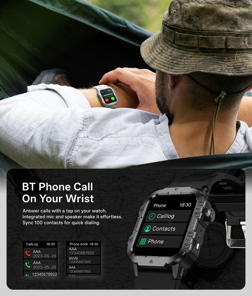 New Military Smart Watch Men IP67 3ATM Outdoor Sports Fitness Tracker Health Monitor 1.44Inch BT Call Smartwatch