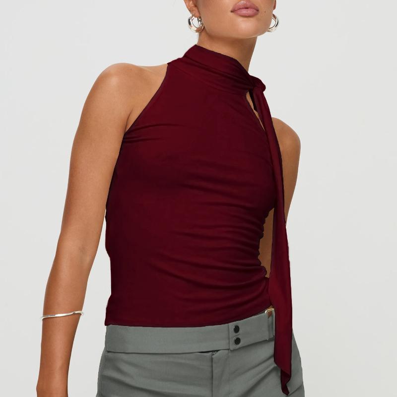 

Однотонный безрукавный шарф с высоким воротом и принтом тай-дай, летняя женская футболка в европейском и американском стиле L бордовый