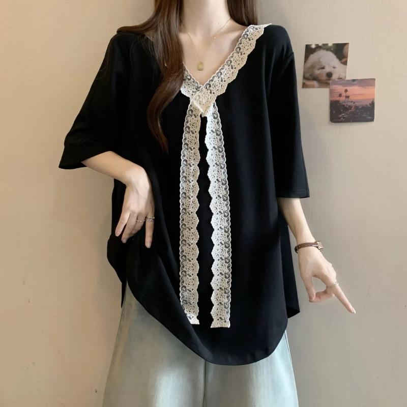 Fashionable Lace Splicing Short-sleeved T-shirt for Women Summer New Korean Style Casual Loose Mid-length T-shirt Top