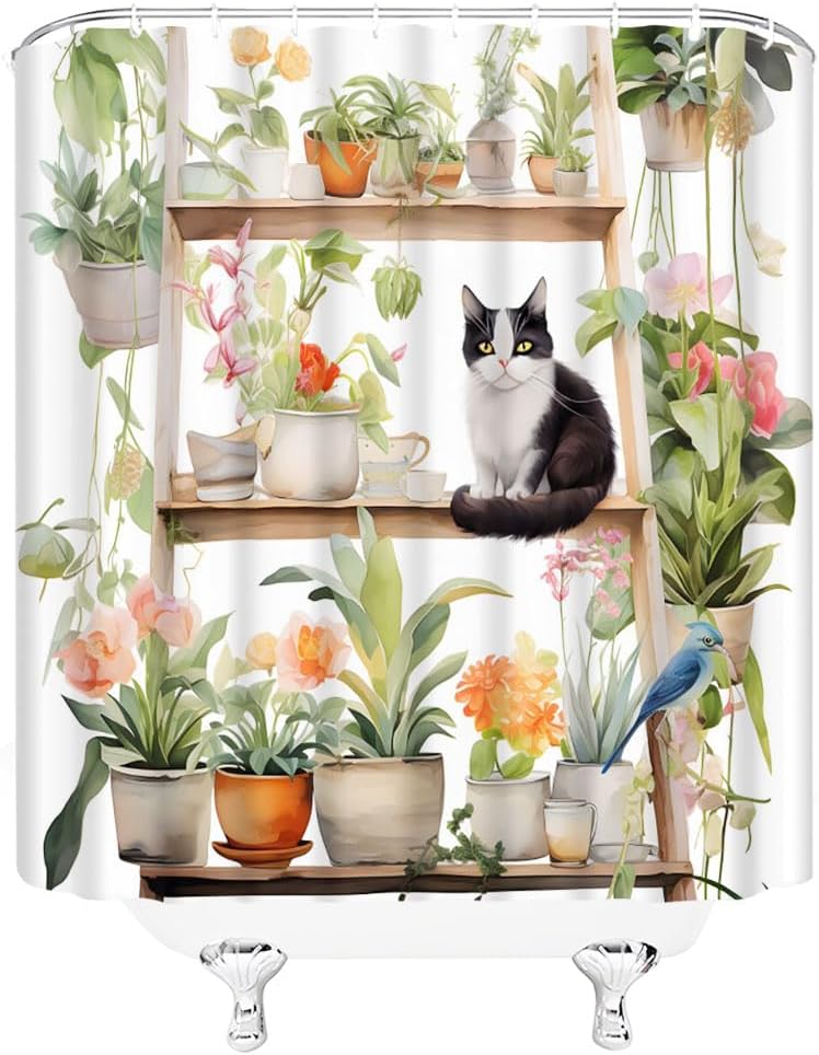 Potted Cactus with Cat Shower Curtain Cute Kitty Green Leaves Plants Botanical Succulents Boho Floral Aesthetic Garden Nature