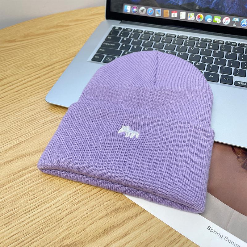 Embroidered Fox Wool Hat for Men, Small Face In Autumn and Winter, Warm Ear Protection, Knitted Hat, Fashionable Versatile Melon Fur Hat for Women