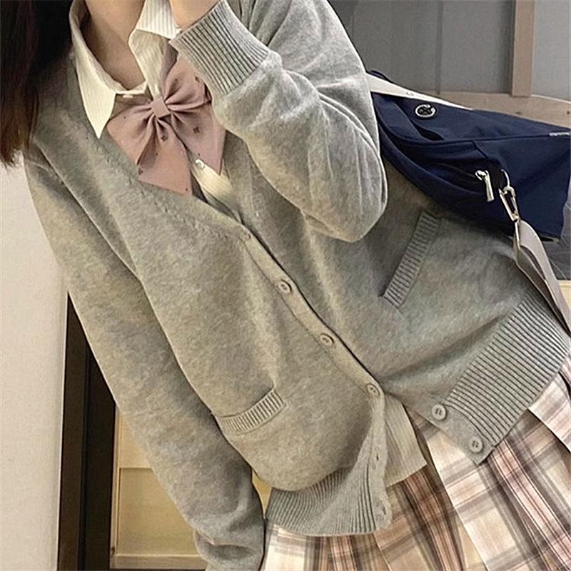 Spring and Autumn JK Uniform, V-neck Knit Cardigan, Sweater for Women, Japanese Collegiate Solid Color Lightweight Jacket, Versatile Long-sleeve Top