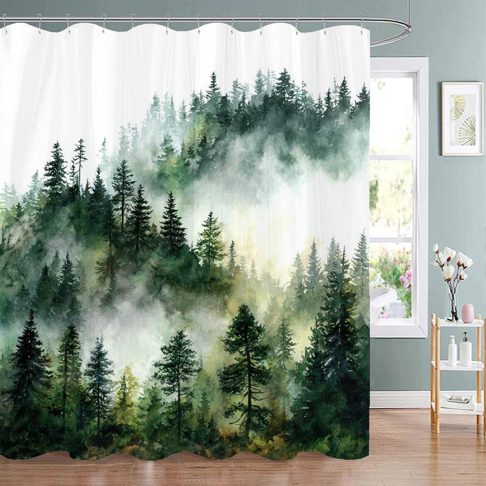 Misty Forest Scenery Shower Curtain, Bathtub Bathroom Decorative Shower Curtain, Waterproof Shower Curtain With Hooks
