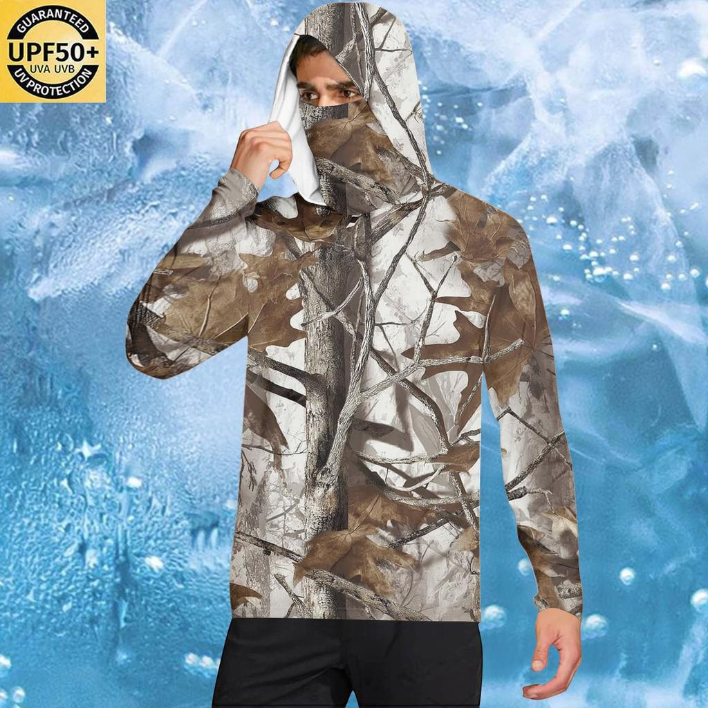Men's Casual Leaf Camouflage Print Hooded Long Sleeve Sun Protection Jacket Lightweight Breathable Outdoor Sportswear
