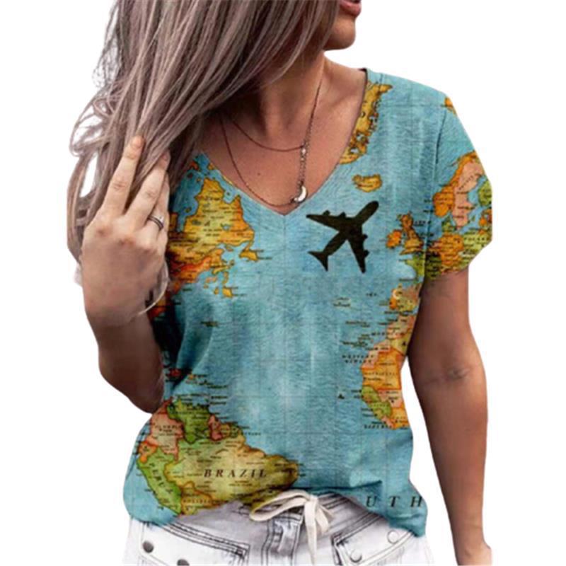 V-neck T Shirts Short Sleeved Multi-color Loose T-shirt for Women Street 3D Printed Tees