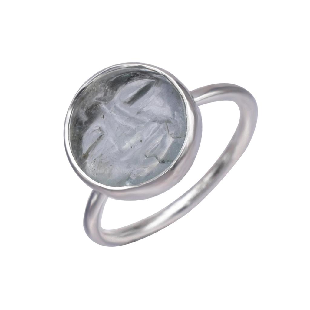 925 Sterling Silver Moon Face Aquamarine Gemstone Ring Size 7 US Gift Ring