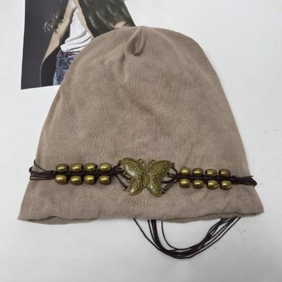 Women's Knitted Hat Winter Soft Warm Skull Cap with Tassel Ladies Stretch Slouchy Hat with Beads And Butterfly Decor