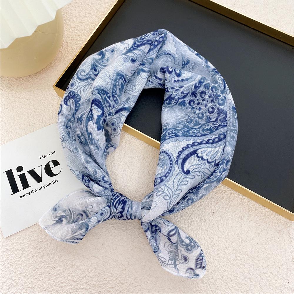 58 Cashew Silk Small Square Scarf: Korean Style Cotton Linen Printed Headscarf and Hairband for Women, Ideal for Spring, Summer, and Autumn.