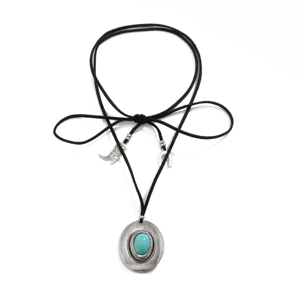 Vintage Denim Style Hat Turquoise Neck Chain Choker Ethnic Style Personalized Flannel Wrapped Necklace