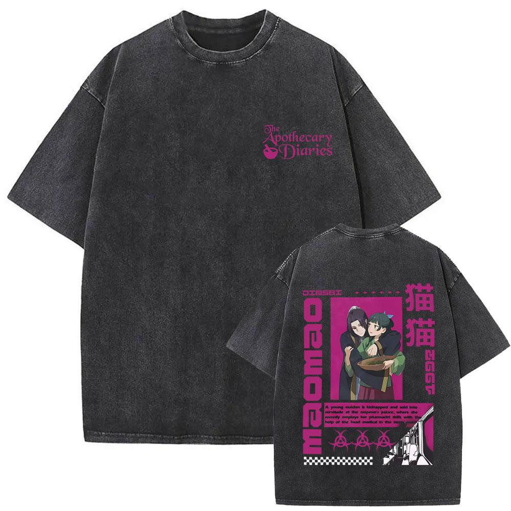 Gewaschenes Vintage Japanischer Anime The Apothecary Diaries Maomao Doppelseitiger Druck T-Shirt Herren Damen Freizeit Kawaii Lustige T-Shirts