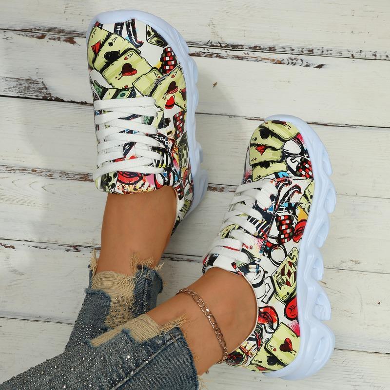 Zapatillas planas de moda para mujer 2024 Primavera y Otoño Nueva Moda Estampado Aleatorio Cómodas para Caminar con Cordones Zapatos Casuales Talla Grande