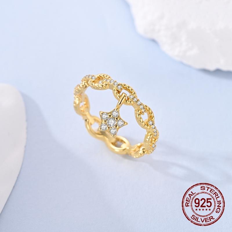 Original 925 Sterling Silver Golden Star Chain Rings for Women Girls Jewelry Birthday Anniversary Gifts