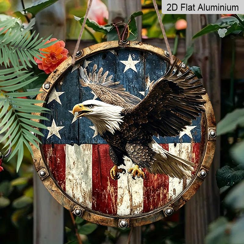 2D Flat, 1pc Vintage American Flag Eagle Metal Wall Art - Round Decor with Distressed Finish, Aluminum Frameless Design for Living Room, Patio, Home