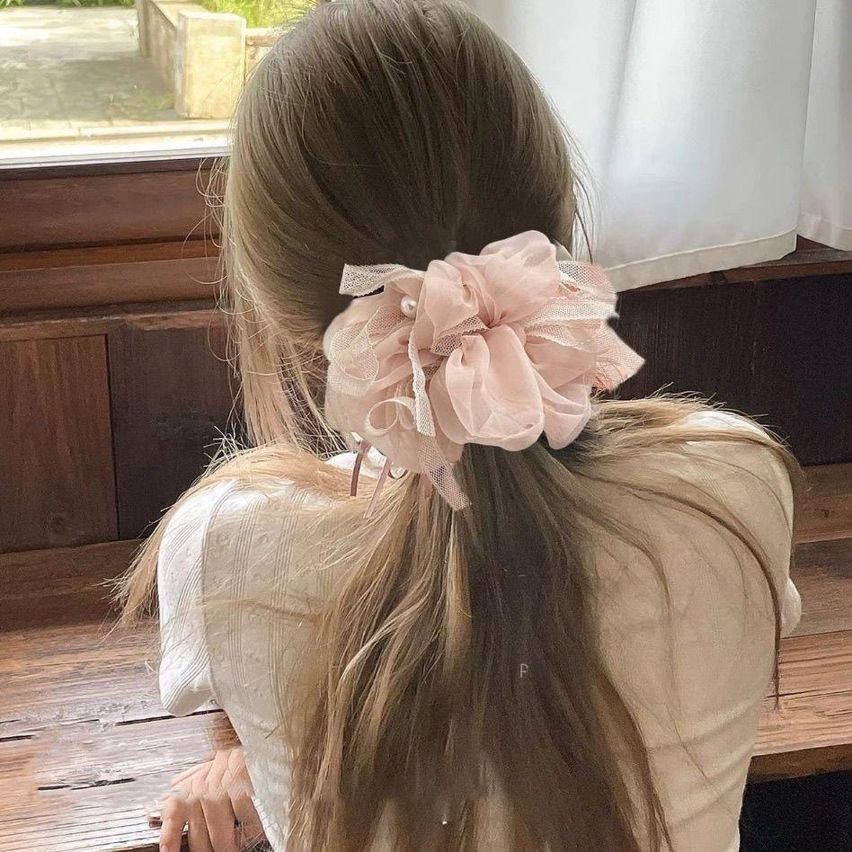 Korean Style Pink Chiffon Lace Pearl Scrunchie Oversized Gentle Hair Tie for Women