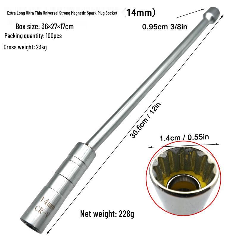 3/8" Ultra-Thin Magnetic Spark Plug Socket Wrench (14-16mm) - Extra Long Removal Tool