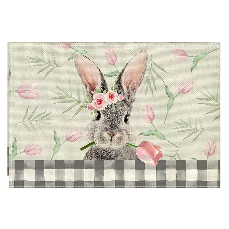 4pcs, Placemats, Square Happy Easter Theme Table Pads, Colorful Floral Cute Bunny Decorative Table Mat