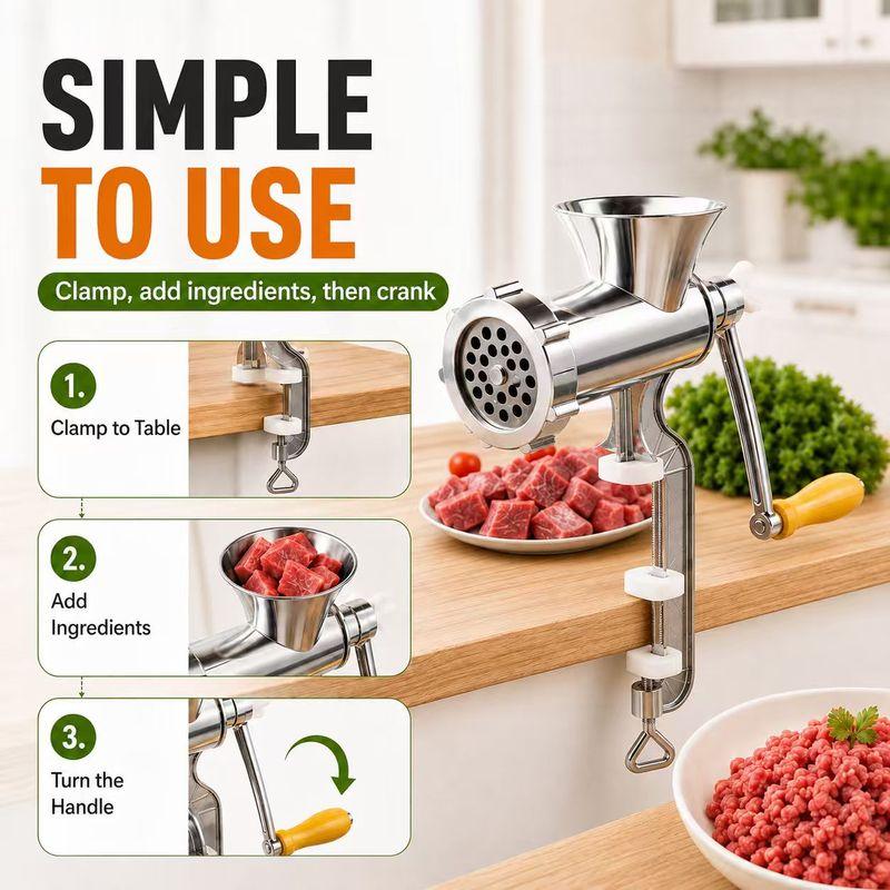ZNLYRION Stainless Steel Manual Meat Grinder Hand Crank Mincer Sausage Stuffer Machine Table Clamp Design Household Kitchen Tool for Mincing Meat