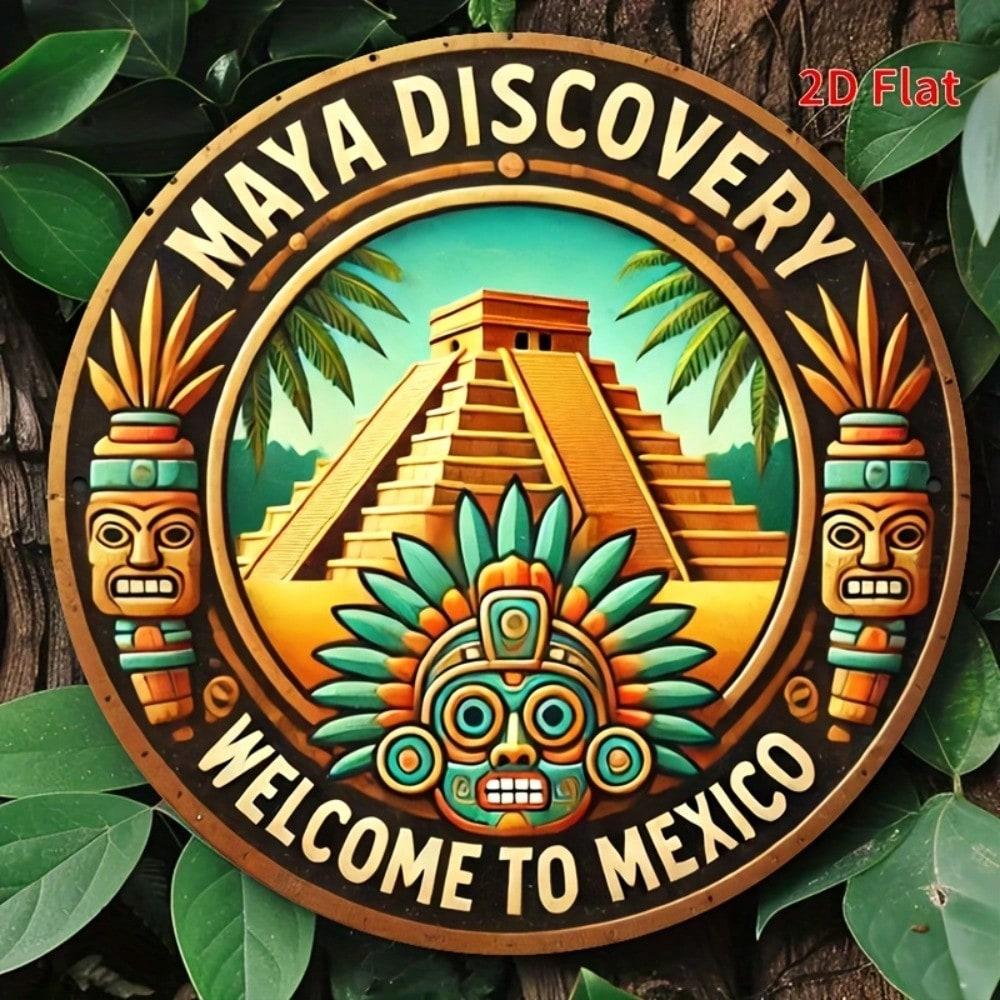 Mexico Inspired Aluminum Wall Art Round 8x8 Inch 2D Flat Home Decor Sign 1 Piece Featuring Mayan Pyramid and Tribal Mask Vintage Finish