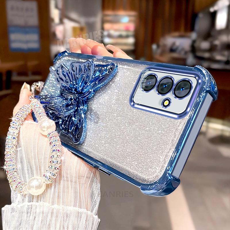 Lanyard Plating Butterfly Holder Silicone Case For Samsung Galaxy A17 A16 A26 A36 A56 A15 A25 A35 A55 A07 Shockproof Stand Cover