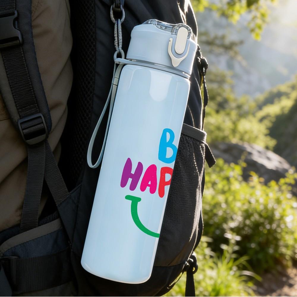 1PC Be Happy Rainbow Bright Slogan Lettering 750ml Color Plastic Sports Water Bottle Leakproof Flip Straw Lid Suitable for Sports Office Home Use