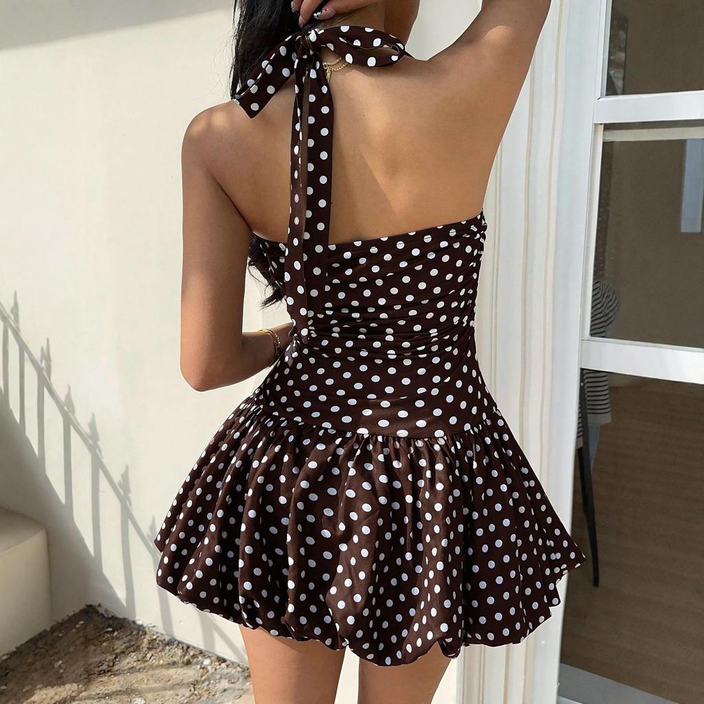 2025 Summer European & American Polka Dot Halter Backless Dress - Sexy Slim Fit Short Skirt