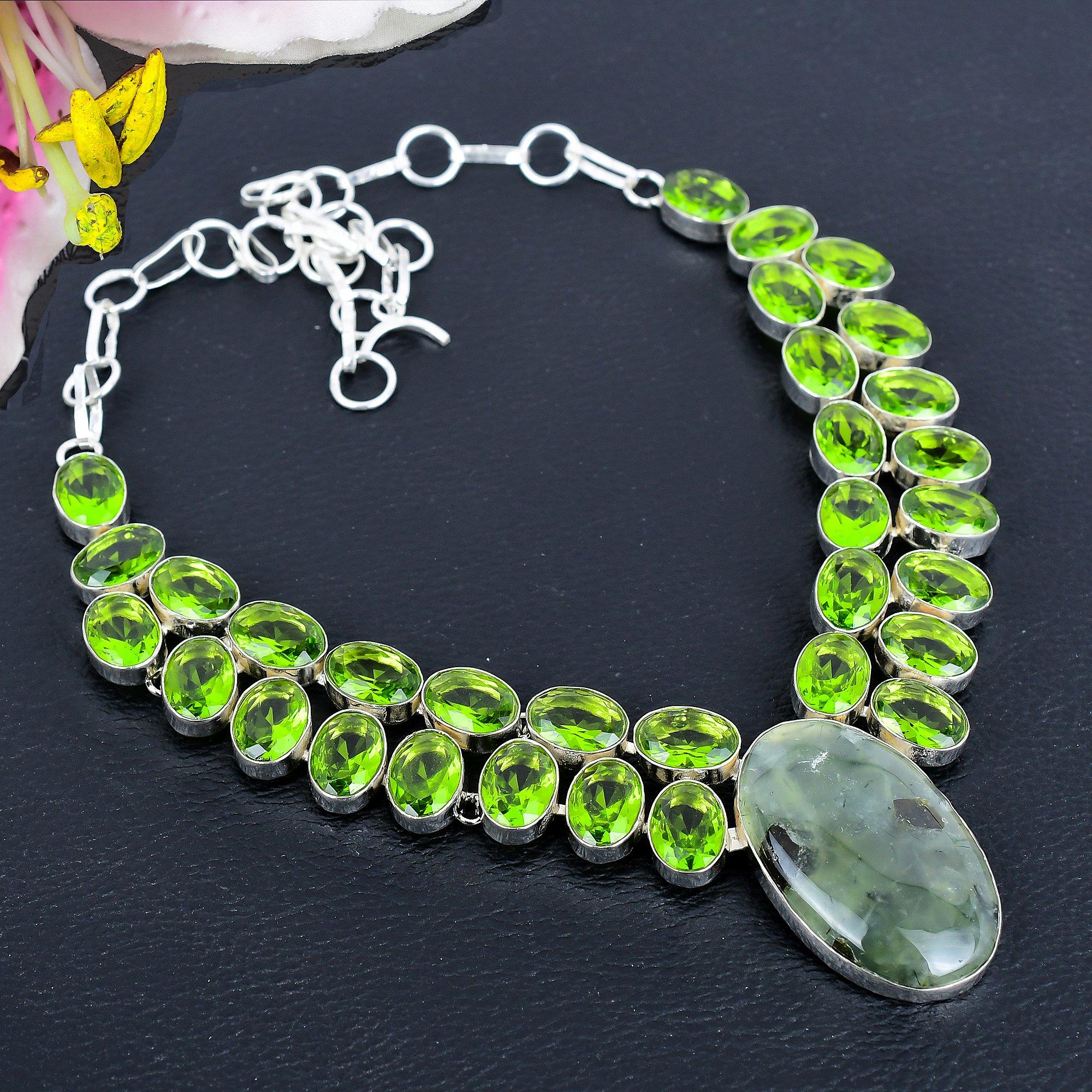 

Prehnite, Peridot Gemstone 925 Sterling Silver Jewelry Necklace 18 KG-1846