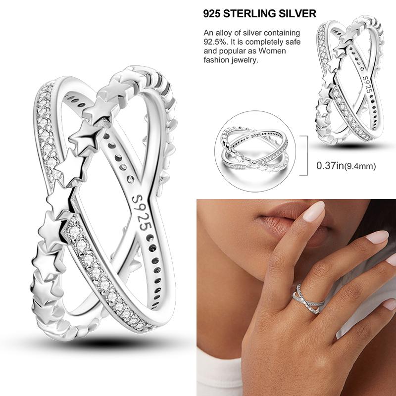 Women's Silver Finger Rings Original 925 Sterling Heart Star Moon Geometric Inlay Zircon Stackable Cocktail Ring Wedding Jewelry