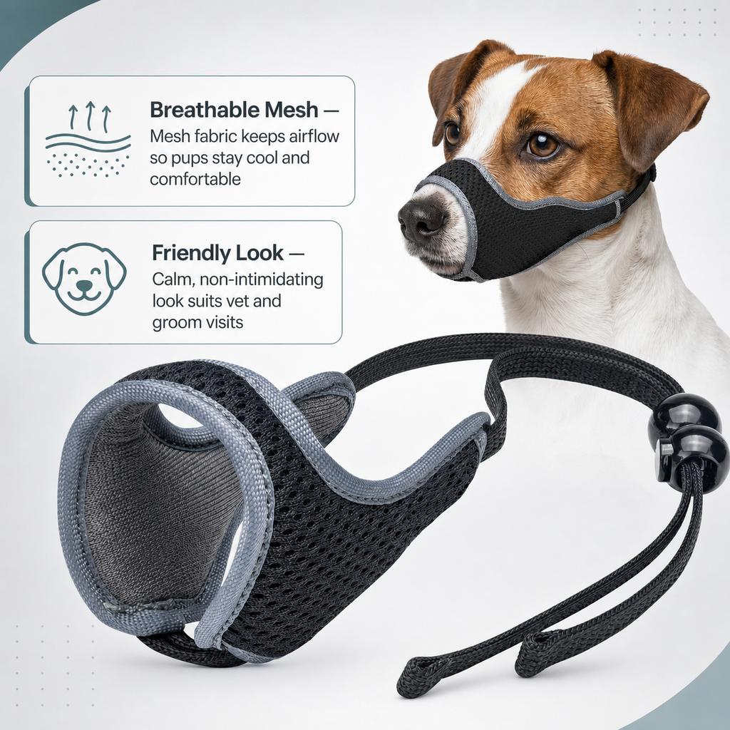 Soft Neoprene Mesh Dog Muzzle for Small Breeds, Adjustable Breathable Anti-Bite Cover with Quick-Lock Cord